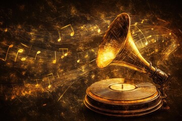 A vintage gramophone plays music, with golden musical notes swirling around it, creating a...