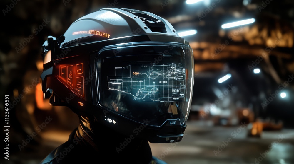 Aufkleber A figure wearing a high-tech helmet with a digital display navigates through a gemstone mine. The environment is dimly lit, showcasing the intricate rock formations and the potential for discovery.