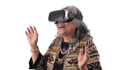 Mexican senior businesswoman watching vr glasses laughing and gesturing with hand on white background