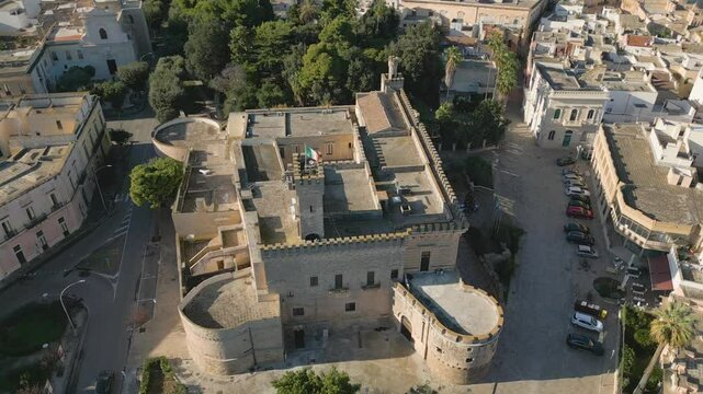 Aerial drone view of the old castle in the historical town of Nardo in Puglia, southern Italy.