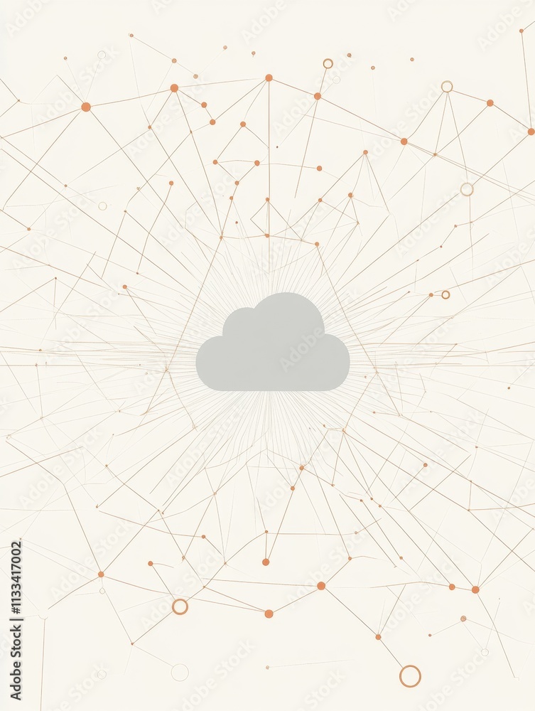 Aufkleber Centered cloud icon illustrates cloud services with a web of connections in a soft color palette, providing room for additional text. Generative AI