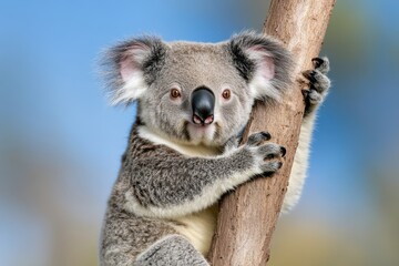 Fototapeta premium Close-up of a koala clinging to a tree, showcasing its fluffy fur and large ears with a clear blue sky in the background.