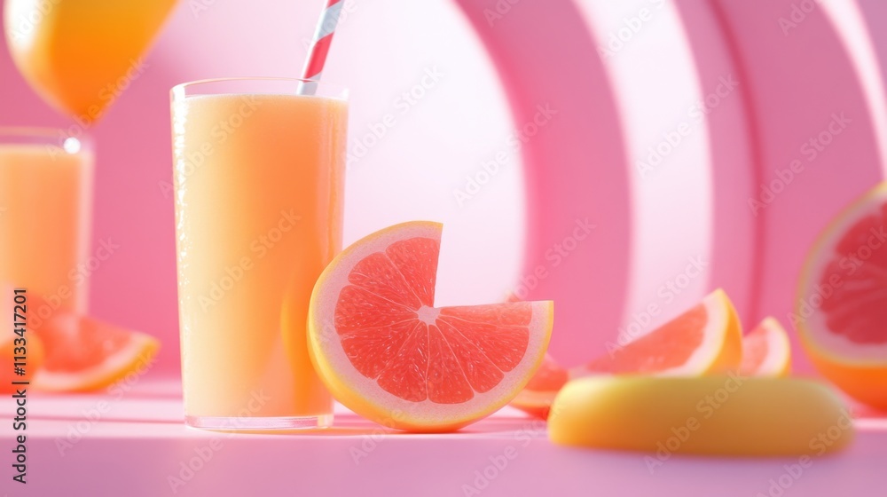 Poster glass of freshly squeezed grapefruit juice with a straw, surrounded by slices of grapefruit on a pin