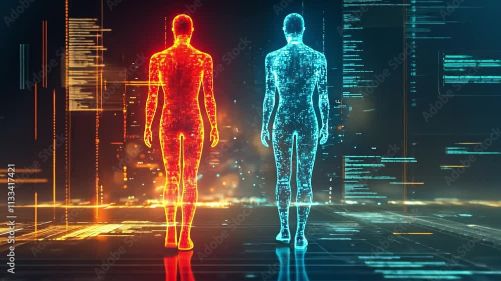 Poster digital representation of two holographic figures in a futuristic environment