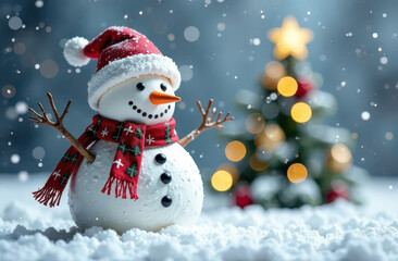 Obraz premium Festive snowman with Christmas tree and bokeh lights in snowfall.