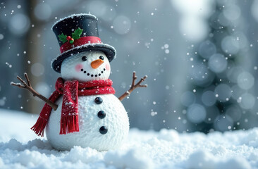 Fototapeta premium Snowman with red scarf and top hat in snowy winter scene.