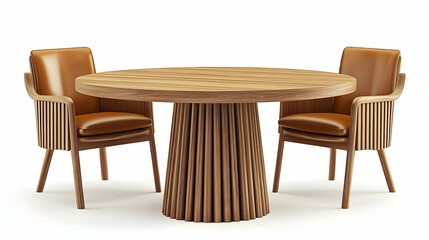 Fototapeta premium Wooden Dining Set, Round Table with Fluted Base and Two Leather Chairs