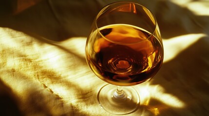 Artistic close-up of a delicate glass filled with amber-gold Pineau des Charentes, resting on soft linen fabric, exuding elegance and warmth with luxurious texture and reflections.