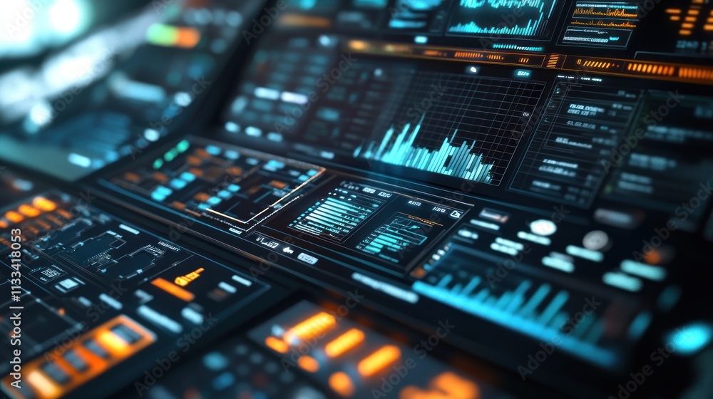 Poster futuristic tech dashboard interface: a close-up view of advanced data displays
