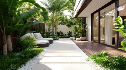 Modern outdoor garden area with lush greenery, a wooden deck, and contemporary furniture, suitable for relaxation or socializing