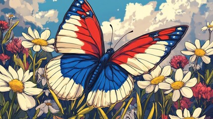 Fototapeta premium A red, white, and blue butterfly flying gently over a field of blooming flowers.