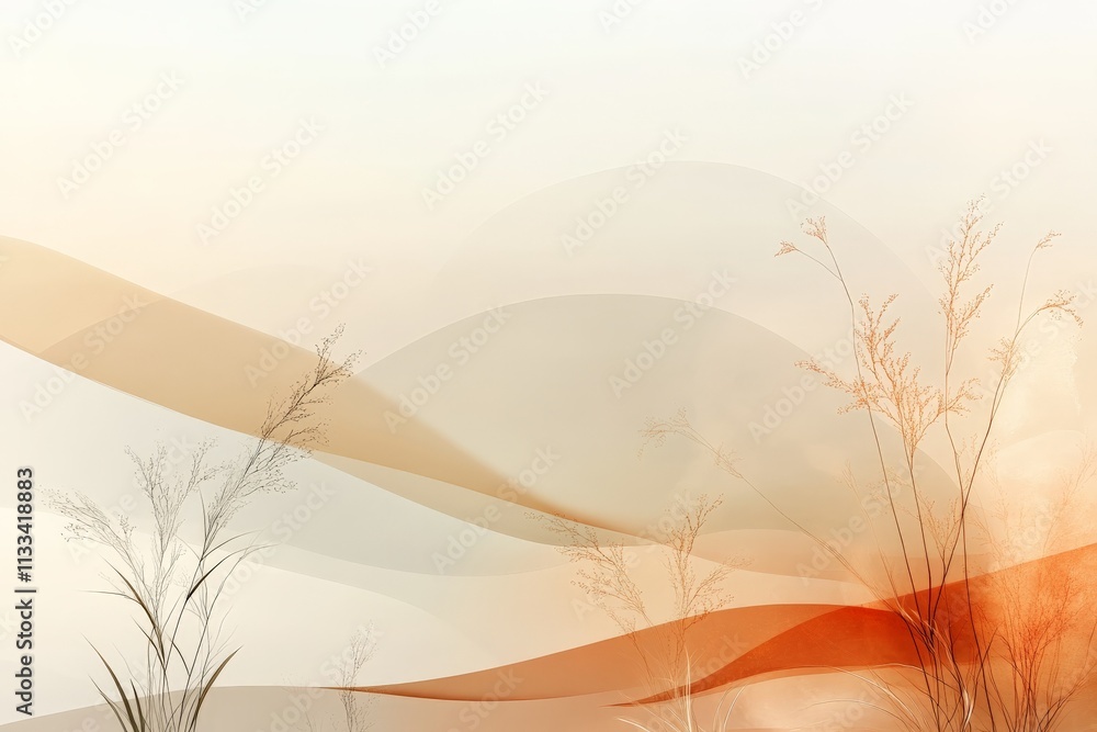 Poster abstract landscape with soft colors depicting flowing lines and delicate grasses in a tranquil setti