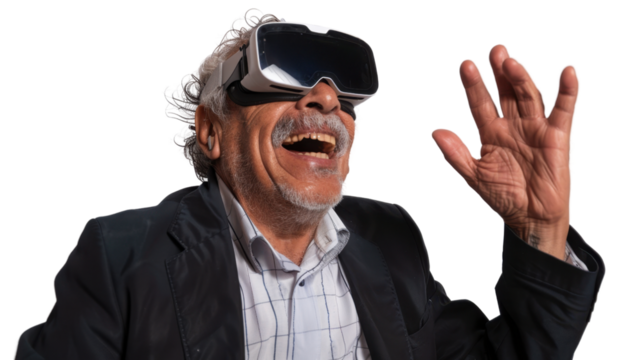Mexican senior businessman watching vr glasses laughing and gesturing with hand on white background