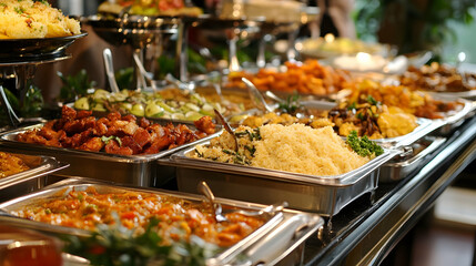 Obraz premium A buffet table laden with a variety of delicious-looking dishes. Warm golden colors and glistening sauces highlight the appealing spread.