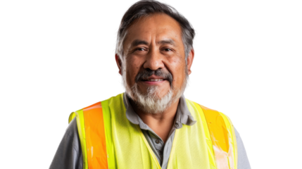 Mexican middle age male smiling in yellow warning vest safety on white background