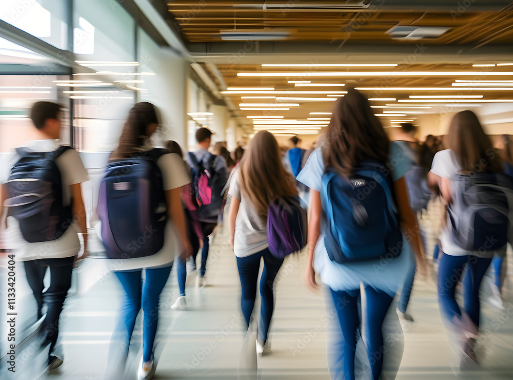Fototapete Students walking to class in a university or college environment. Moving crowd motion blurred background.	