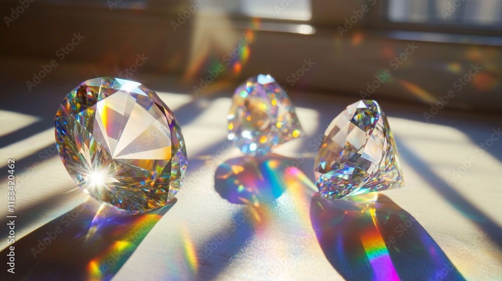 Poster Three intricately cut gemstones sit on a surface, capturing sunlight and creating a dazzling array of colors. The light reflects off their surfaces, producing beautiful rainbow effects.