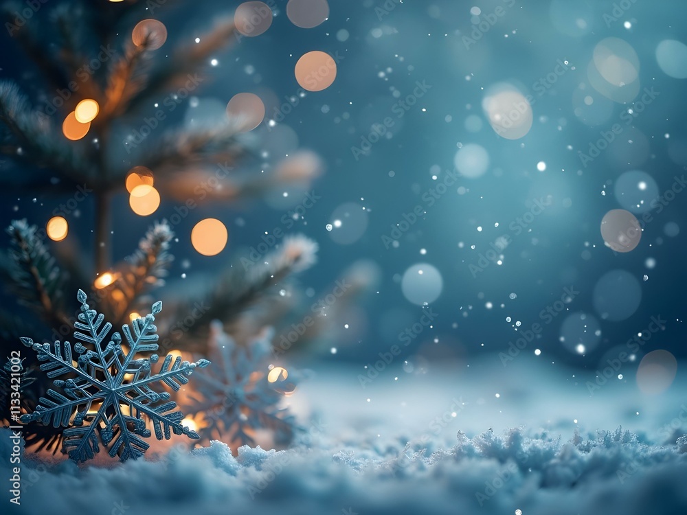 Poster a serene winter scene with delicate snowflakes suspended against a backdrop of shimmering blue bokeh