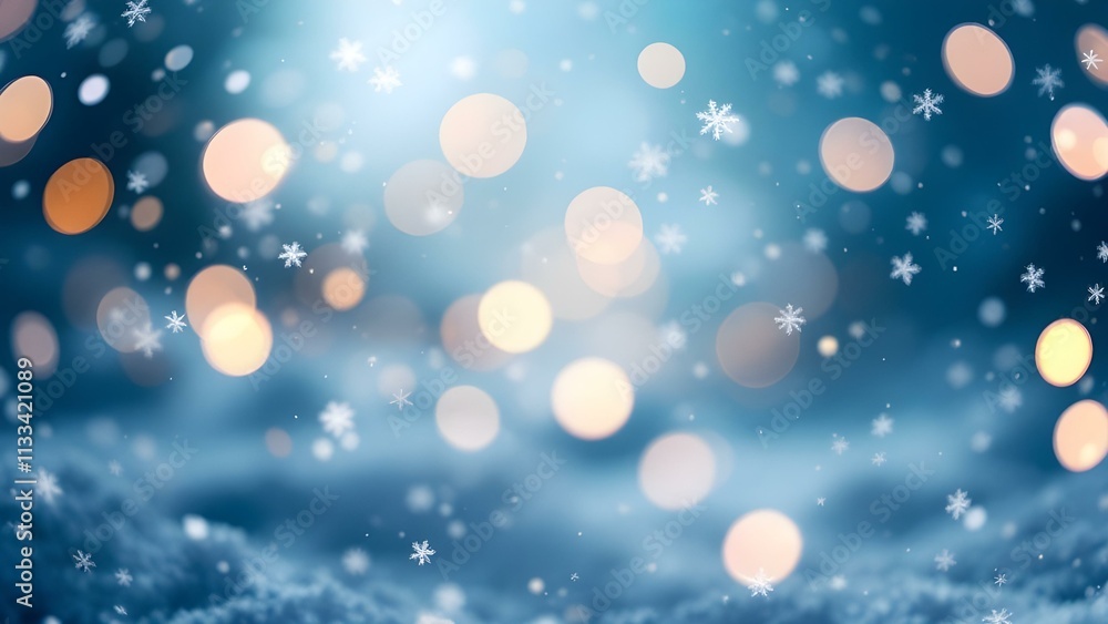 Poster a serene winter scene with delicate snowflakes suspended against a backdrop of shimmering blue bokeh