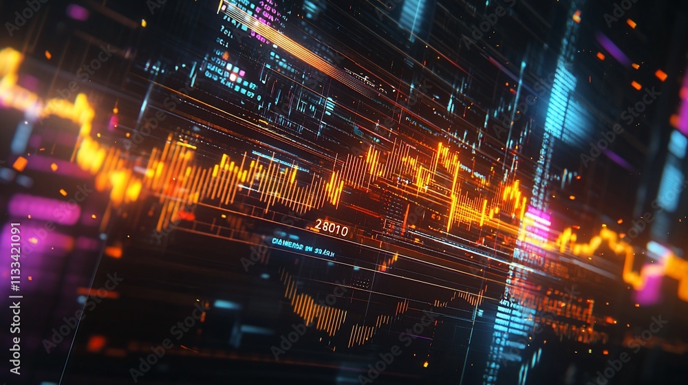 Poster Abstract digital data stream with glowing lines and charts.