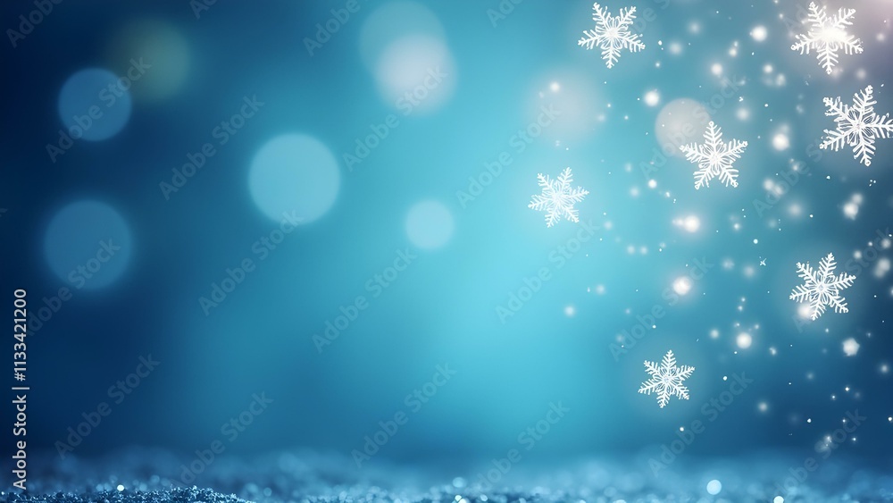Poster a serene winter scene with delicate snowflakes suspended against a backdrop of shimmering blue bokeh