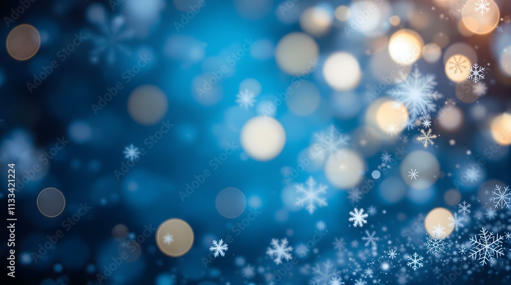 Poster a serene winter scene with delicate snowflakes suspended against a backdrop of shimmering blue bokeh