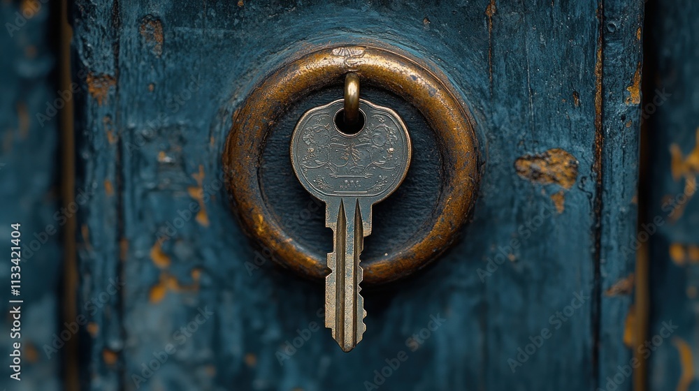 Poster a close-up of a key inserted into a round brass keyhole on a weathered blue door.