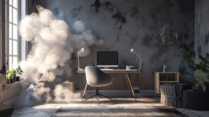 Moody home office with dramatic lighting and smoky ambiance