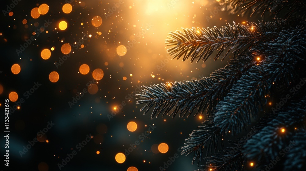Poster a close-up of pine tree branches with glowing bokeh lights, evoking a festive atmosphere.