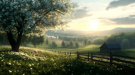 Fototapeta premium Serene sunset over a picturesque landscape. A blooming tree graces the foreground, with a rustic cabin nestled in the distance.