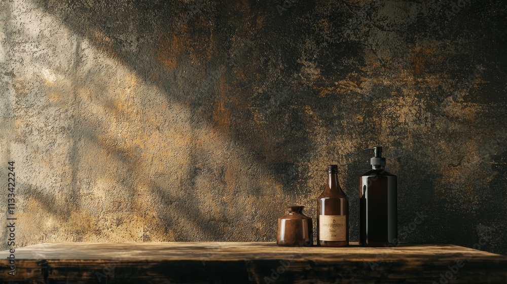 Poster rustic bottles and containers on textured wooden table