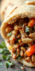 Delicious wrap filled with savory meat, fresh vegetables, and fragrant spices in a cozy setting