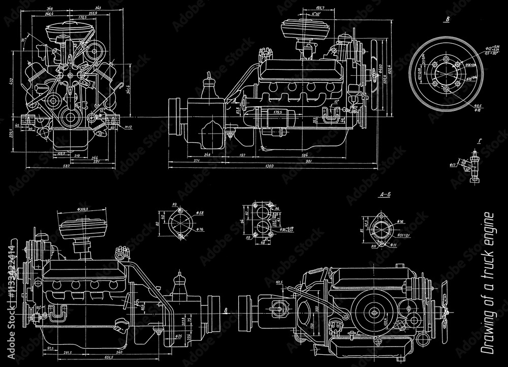 Poster engine of cargo vehicle. engineering mechanical drawing of automotive device. industrial cad scheme 