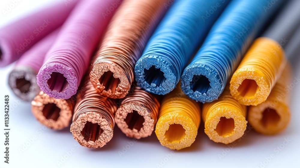 Poster a collection of colorful coiled wires, showcasing various colors and textures.