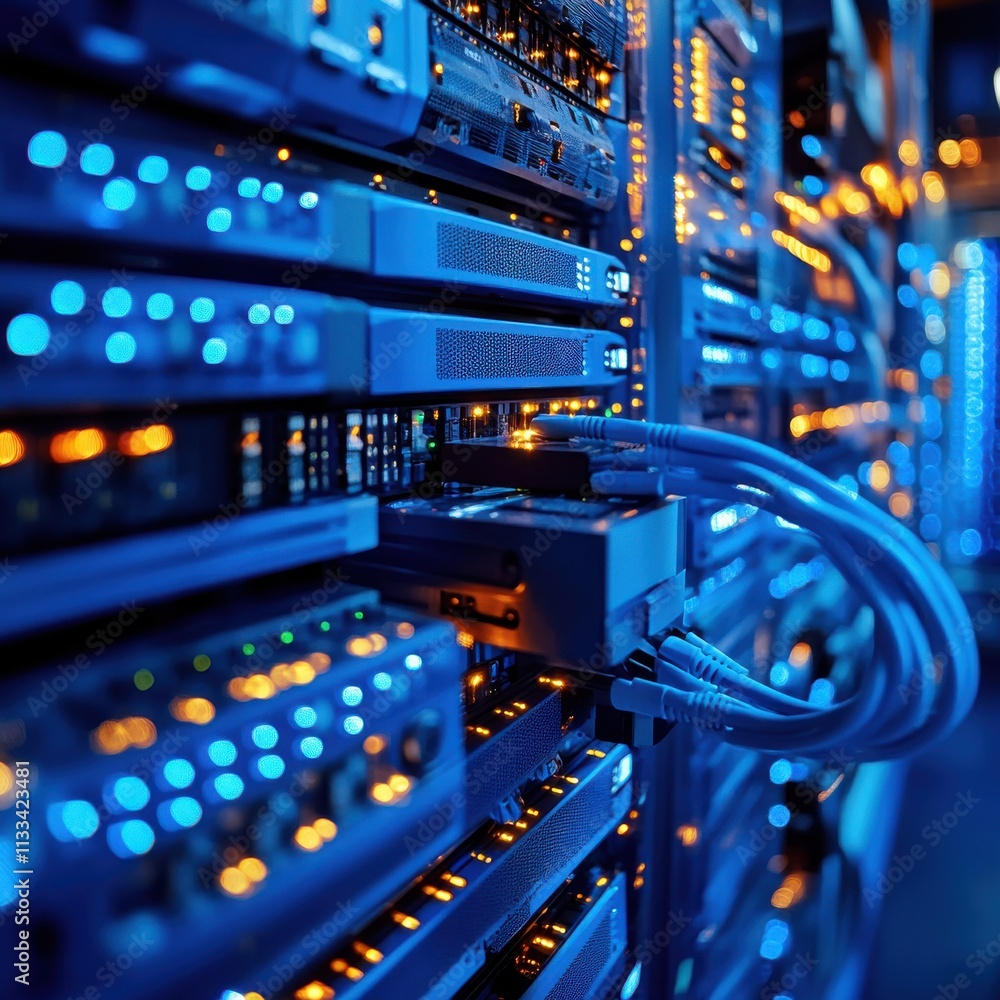 Aufkleber close-up of a modern server rack with illuminated led lights and network cables, creating a high-tec
