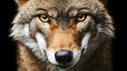 Fototapeta premium Close-Up Portrait of a Wolf's Face on Black Background - Majestic Animal Photography, Stunning Nature Shots, Wolf Eyes.illustration