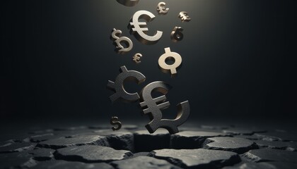 Abstract metallic currency symbols floating into a dark void