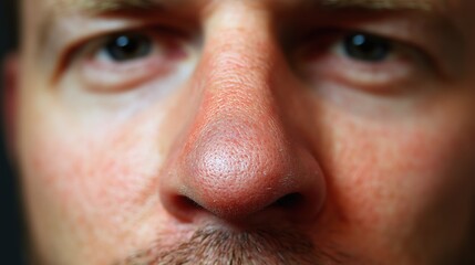 Obraz premium Close up of red irritated nose, emphasizing the discomfort and struggle of allergies or cold symptoms, highlighting the human vulnerability and resilience in the face of common ailments.