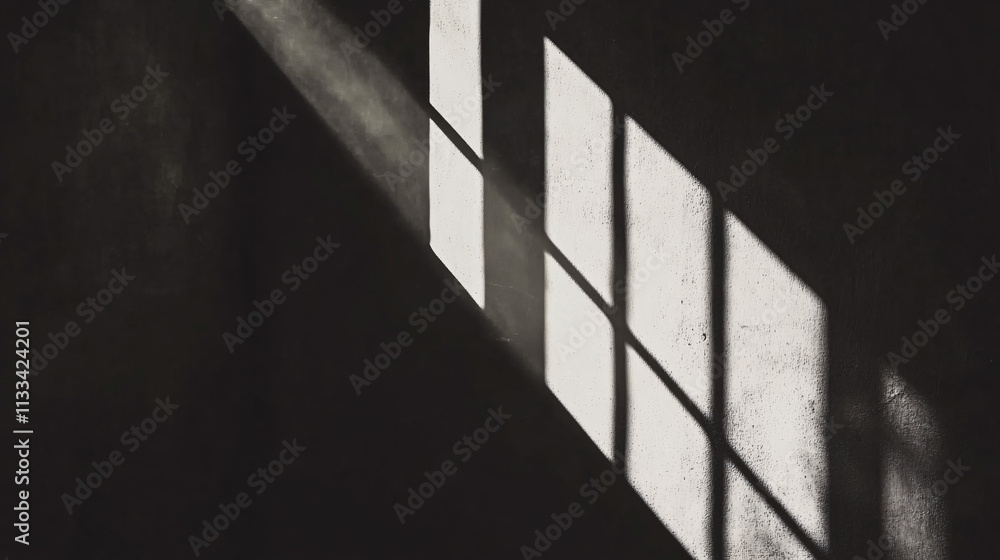 Poster a single ray of sunlight pierces the darkness, casting a mesmerizing window shadow on a textured wal
