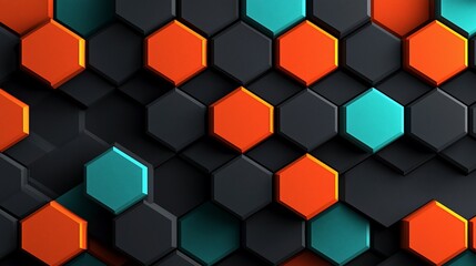 Hexagons pattern; black, orange, and teal.