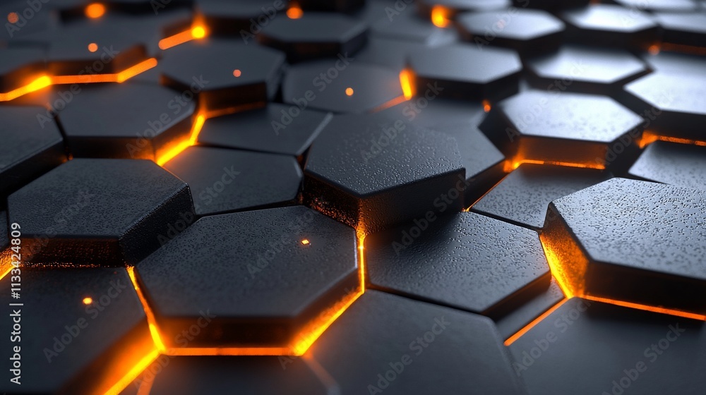Poster abstract dark hexagon pattern with orange glowing lights.