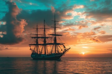 Fototapeta premium A tall sailing ship moves gracefully across the water, framed by a stunning sunset of vibrant colors.