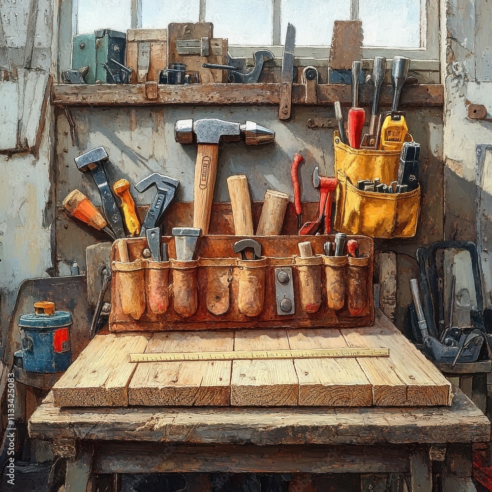 Aufkleber an inviting wooden workshop filled with an array of tools and rustic charm, perfect for woodworking 