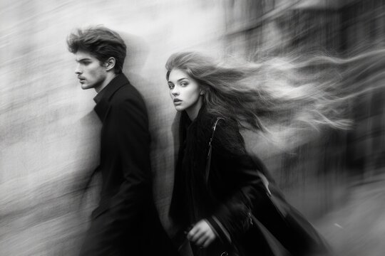 Fototapeta Fashion models walking on city street with motion blur effect