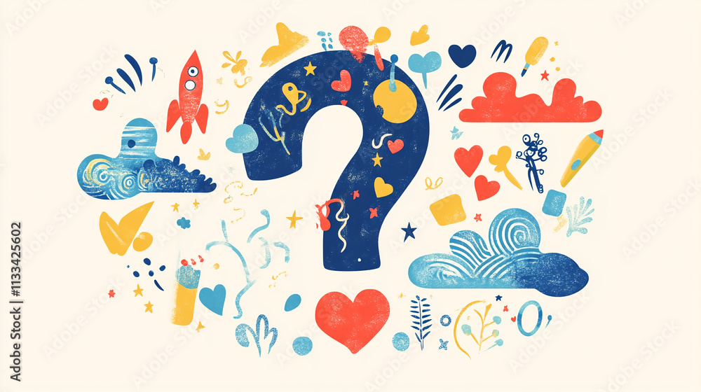 Poster creative question mark surrounded by colorful illustrations symbolizing curiosity and imagination