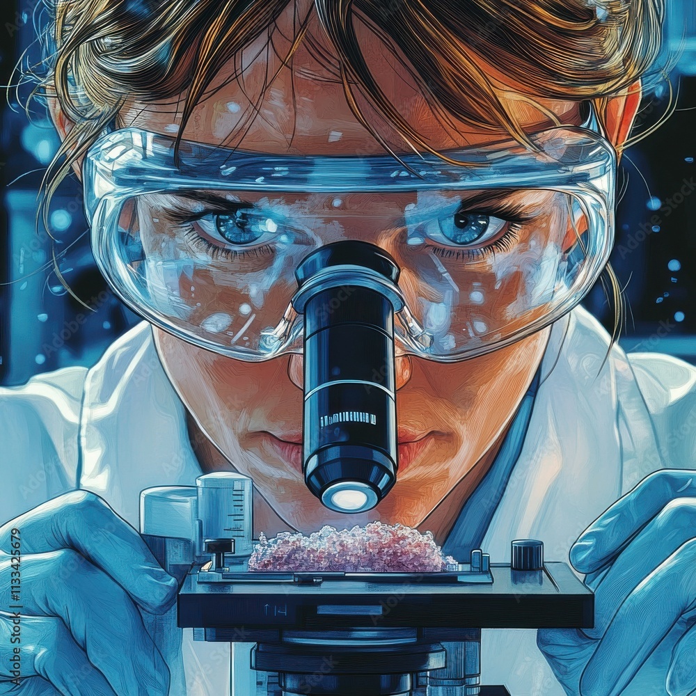 Poster a focused female scientist examining a sample under a microscope in a lab setting, showcasing dedica