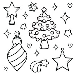 Christmas tree decorations, Christmas tree, snowflake, star, vector elements, coloring book, simple hand drawings, holiday decor, line art, cute elements, decor, winter, holidays