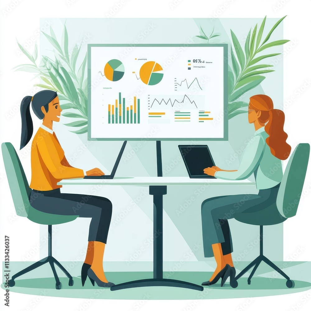 Poster two professional women analyzing data in a modern office with graphs and charts displayed.
