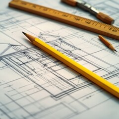 Close-up of architectural blueprints with a yellow pencil and ruler, showcasing the design process.