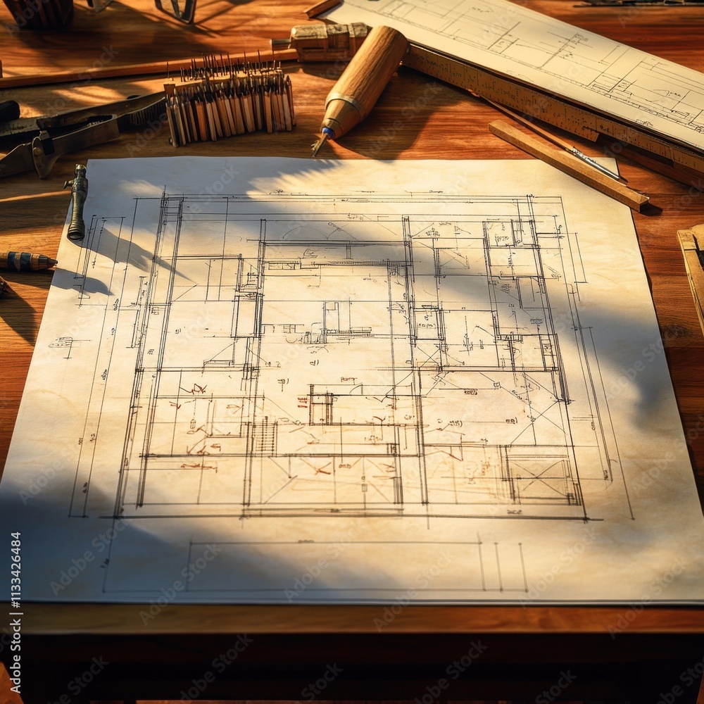 Poster detailed architectural blueprint on a wooden table, showcasing intricate design elements and measure